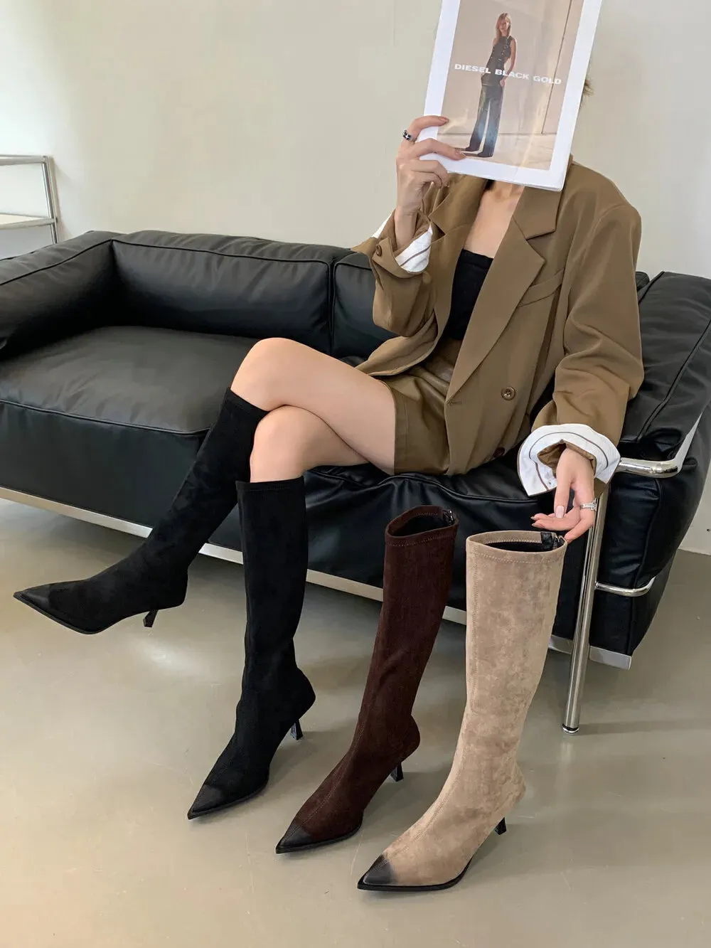 Hnzxzm Pointed Toe Women Knee High Boots Suede Dress Shoes Thin High Heels Party Pumps Black Beige Brown Back Zipper Chelsea Botas 39