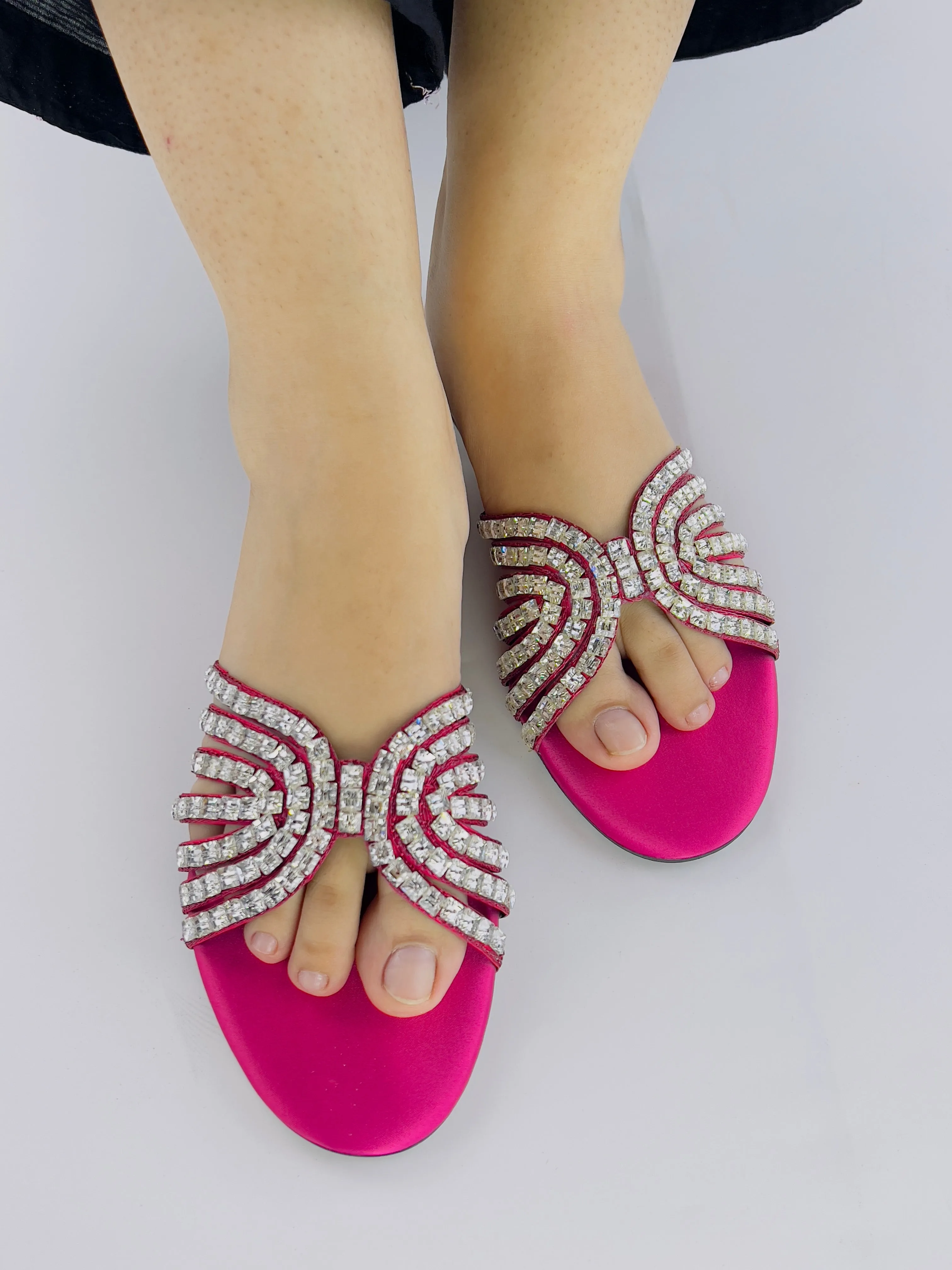 Jamie Pink Criss-Cross Crystal-Studded Flats Sandals