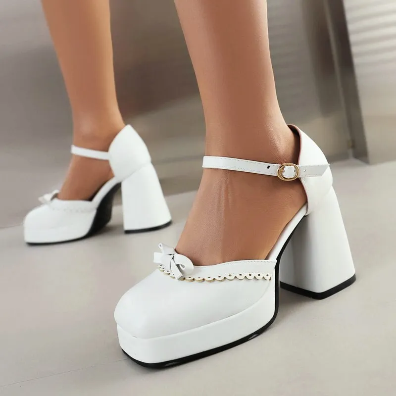 Joskka Black White Contrast Color Laser Cut Closed Toe Women Dress Pumps Chunky High Heels Mary Janes Platform Sandals Hoco Shoes