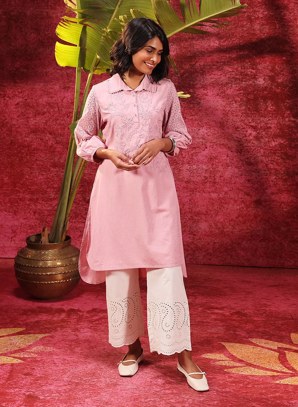 Kyla Basil Rose Pink Embroidered Cotton Linen Tunic for Women