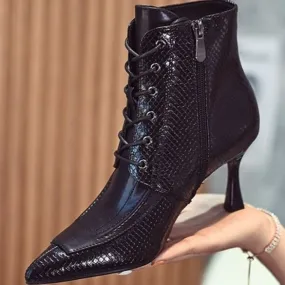 Lace-Up Pointed-Toe Snake Shape Split-Joint Boots Pumps