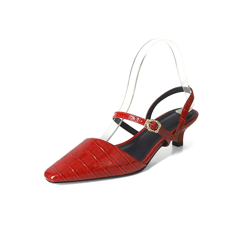 Leather Point Toe 50mm Kitty Heel Sandals Slingback Pumps in Red/Brown/Biege