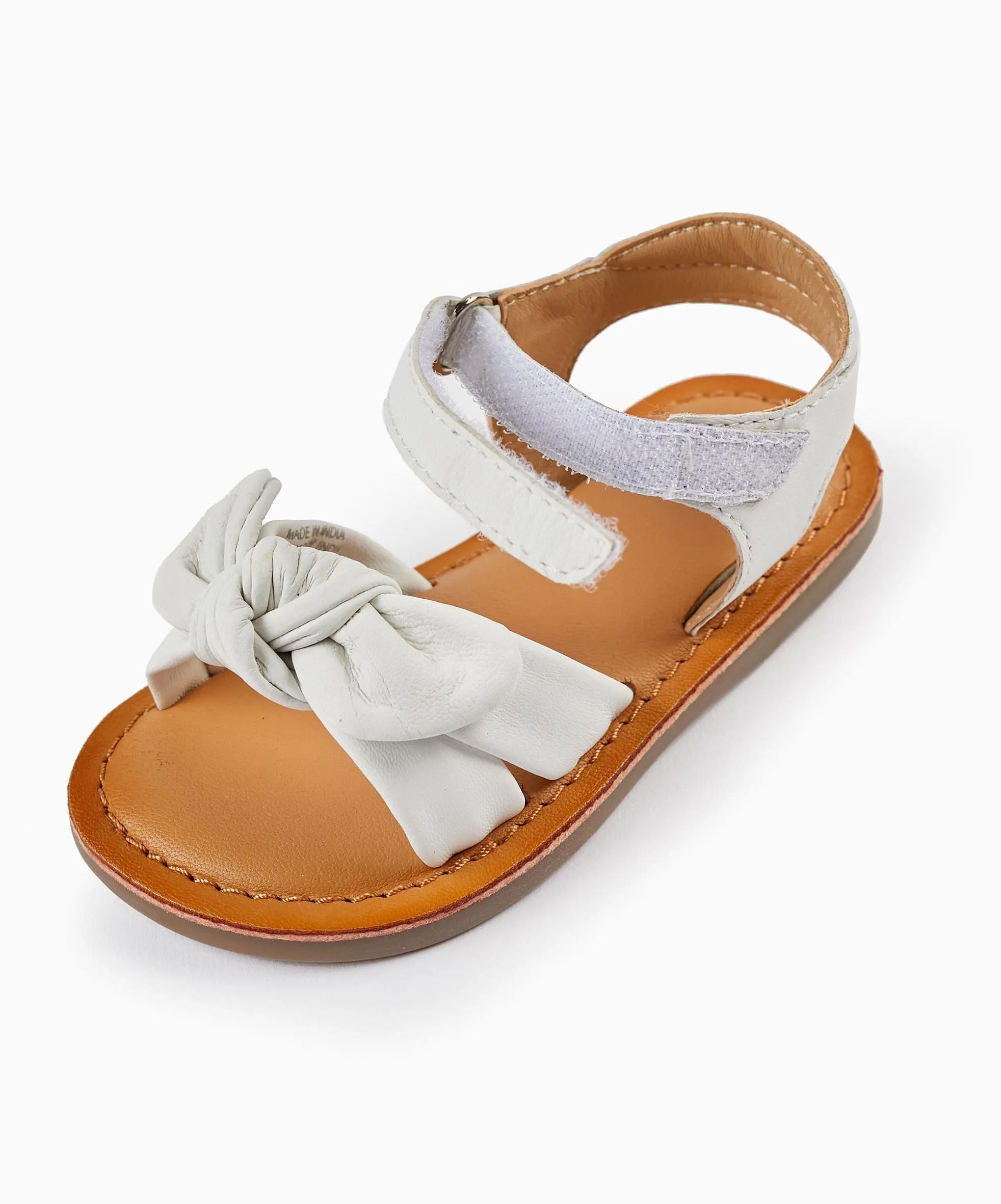 Leather Sandals with Bow for Baby Girls, White