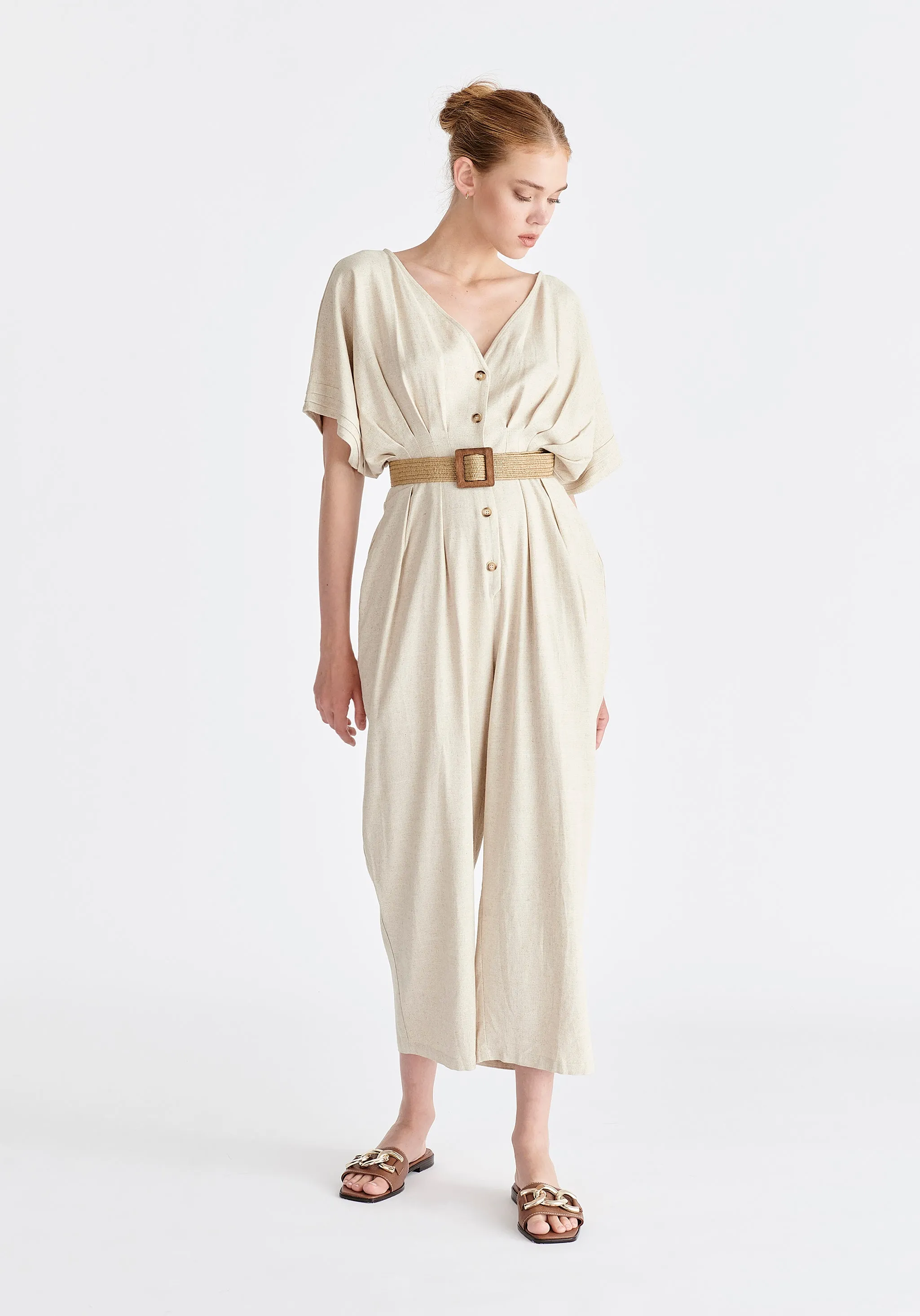 Linen Blend Button Jumpsuit