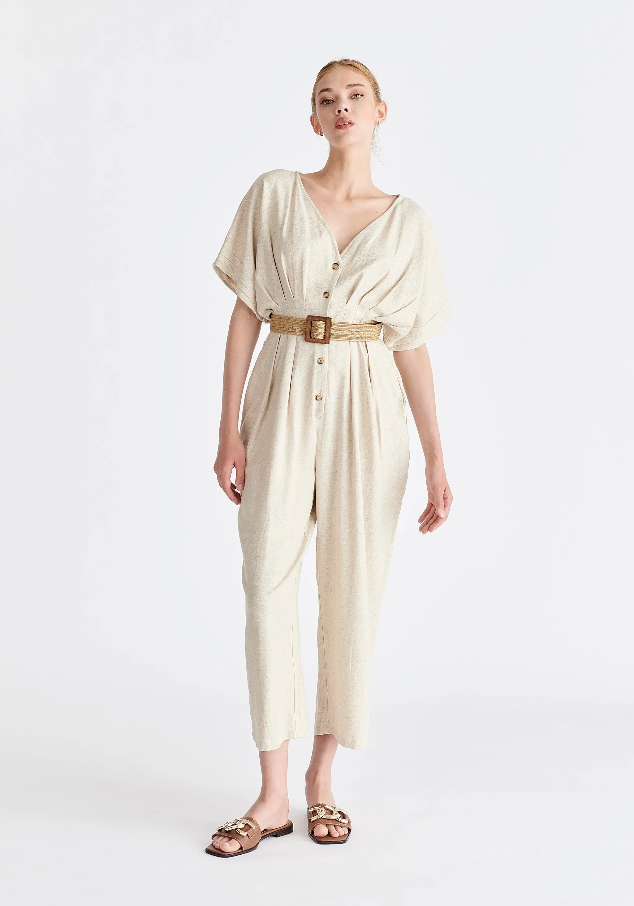 Linen Blend Button Jumpsuit