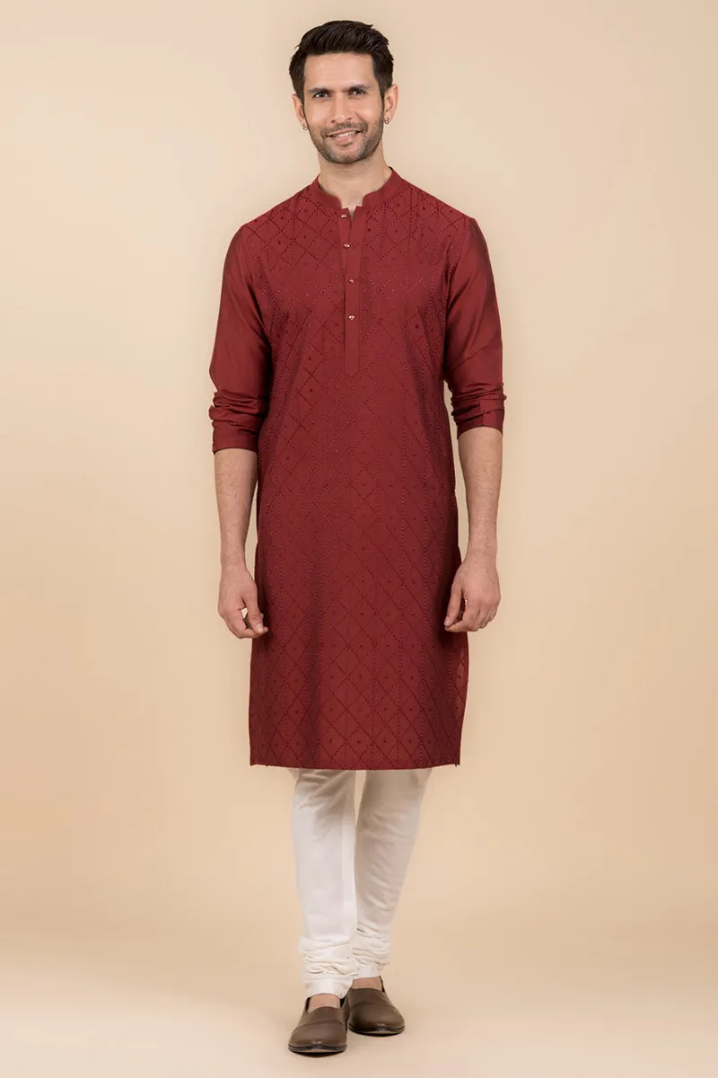 Maroon All Over Jaal Embroidered Kurta Set