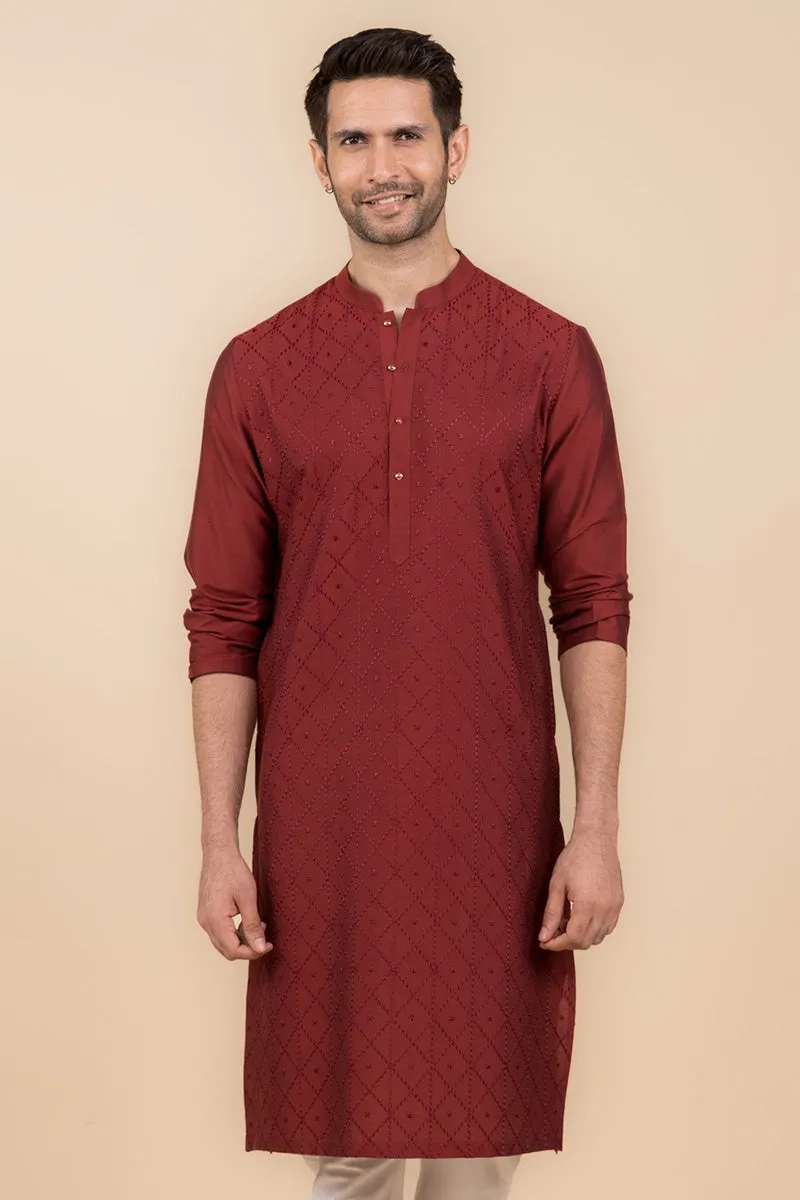 Maroon All Over Jaal Embroidered Kurta Set