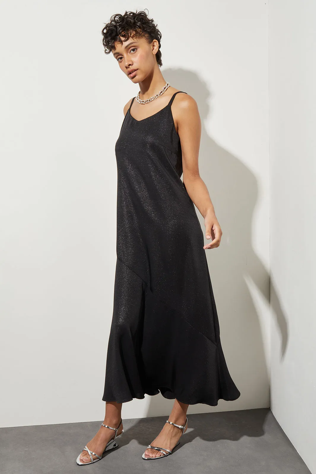 Maxi A-Line Dress - Spaghetti Strap Metallic Woven