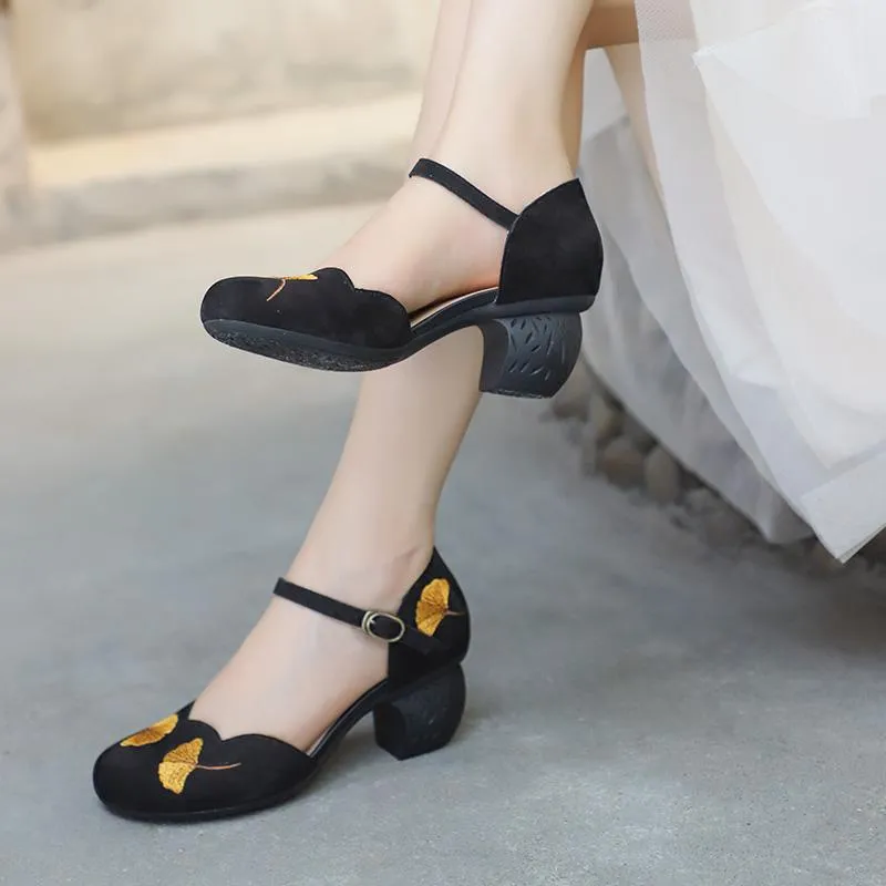 Mid Heel Mary Jane Sandals Womens Round Toe  Retro Buckle Sandals Handmade Matte leather Pumps Grey