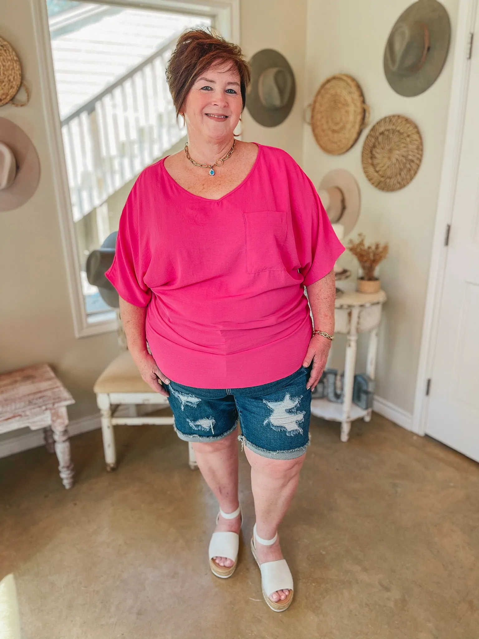 On Record V Neck Short Sleeve Shift Top with Front Pocket in Fuchsia