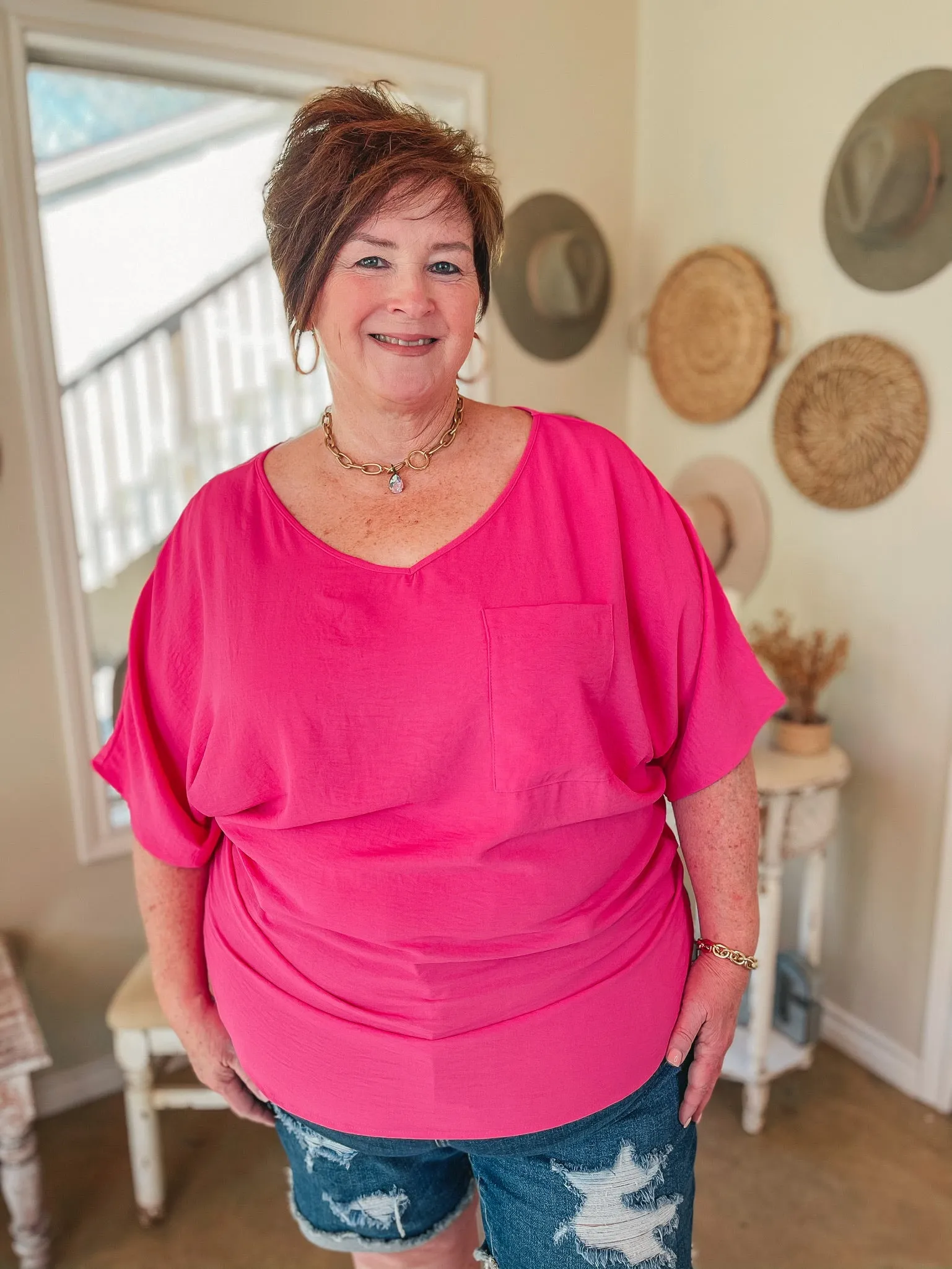 On Record V Neck Short Sleeve Shift Top with Front Pocket in Fuchsia