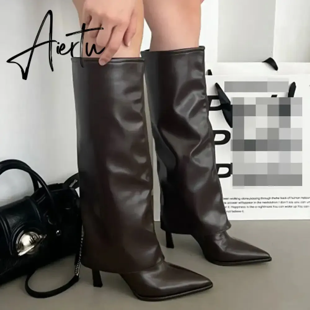 Party Modern Ladies Knee High Boots Pointed Toe  Fashion Pleated Western Women Long Boots Shoes Female Pumps Heels Shoes