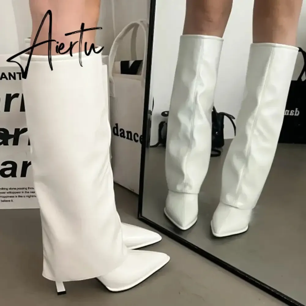 Party Modern Ladies Knee High Boots Pointed Toe  Fashion Pleated Western Women Long Boots Shoes Female Pumps Heels Shoes