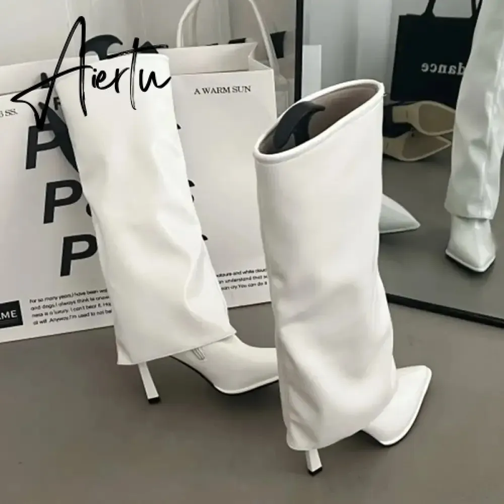 Party Modern Ladies Knee High Boots Pointed Toe  Fashion Pleated Western Women Long Boots Shoes Female Pumps Heels Shoes