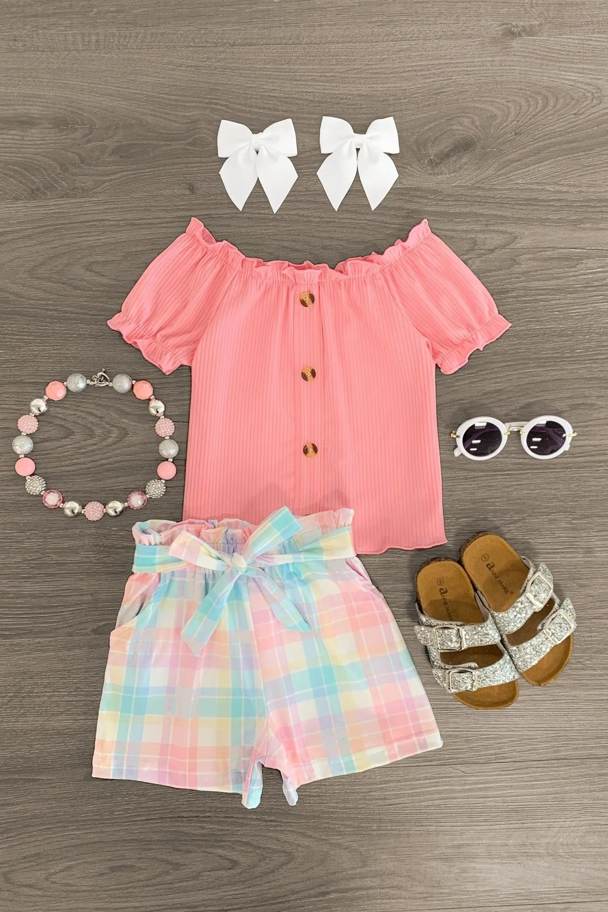 Pink Pastel Plaid Tie Short Set