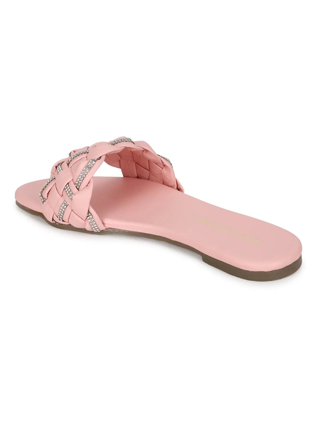 Pink PU Braided Diamante Slip Ons (TC-ST-1215-PNK)