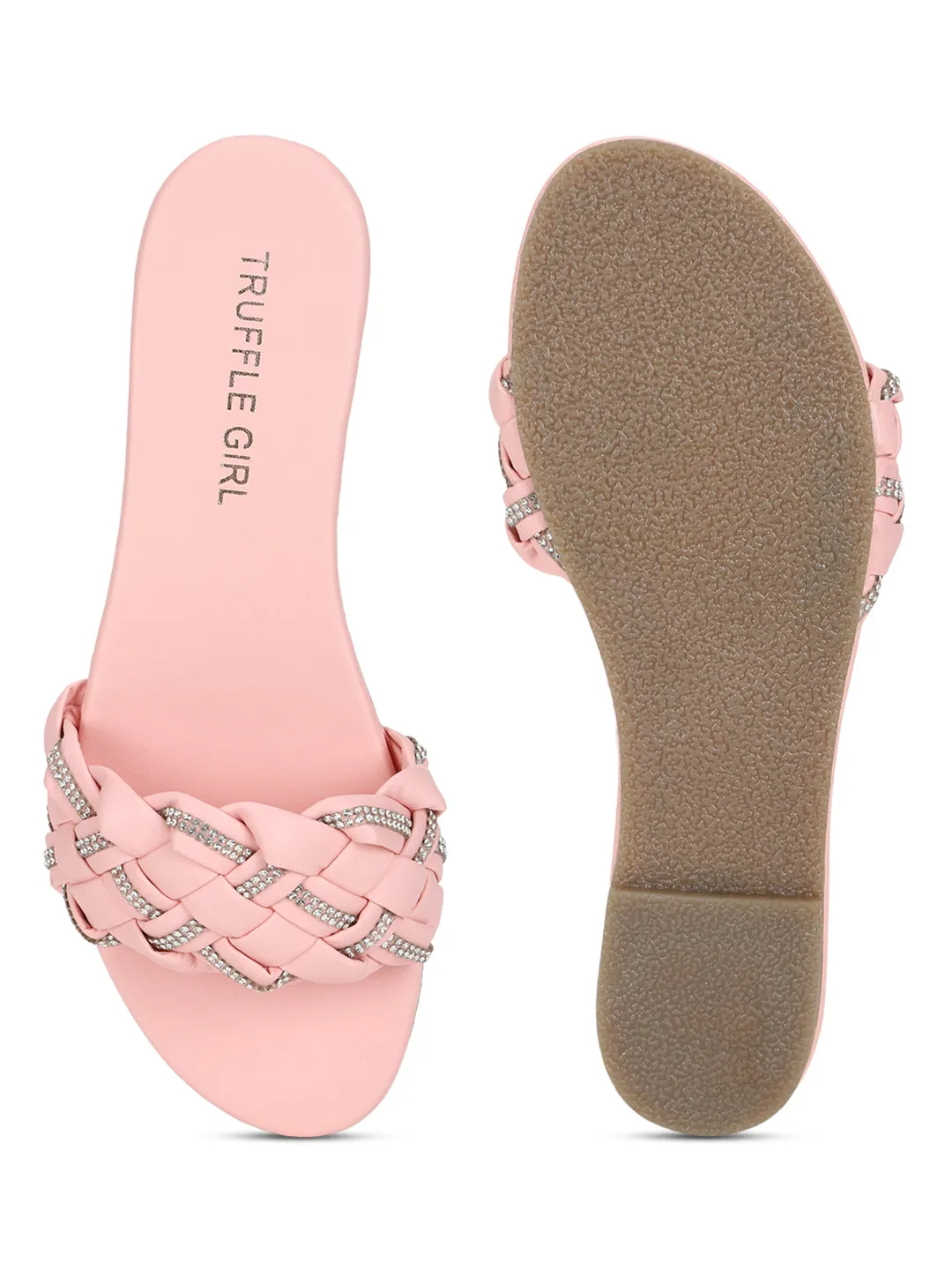 Pink PU Braided Diamante Slip Ons (TC-ST-1215-PNK)