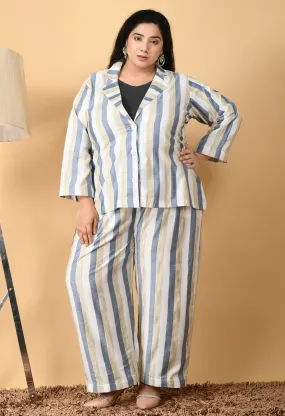 Plus Size Formal White & Blue Striped Co-ord Set