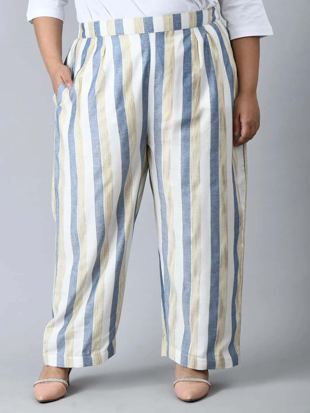 Plus Size Formal White & Blue Striped Co-ord Set