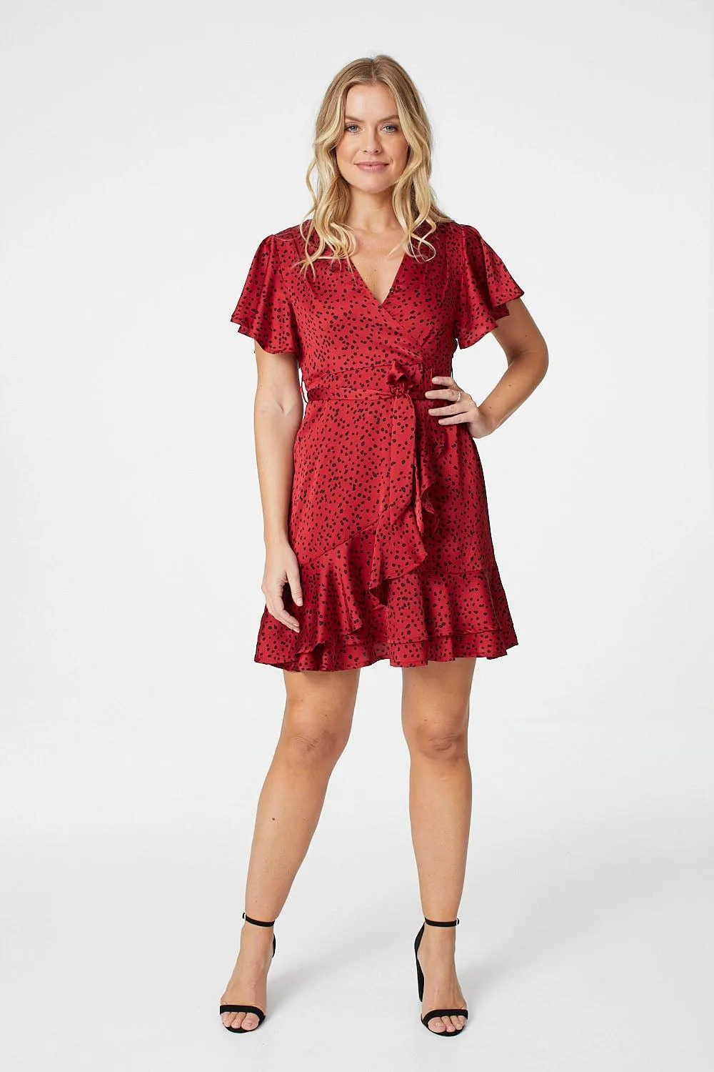 Polka Dot Frilled Wrap Mini Dress