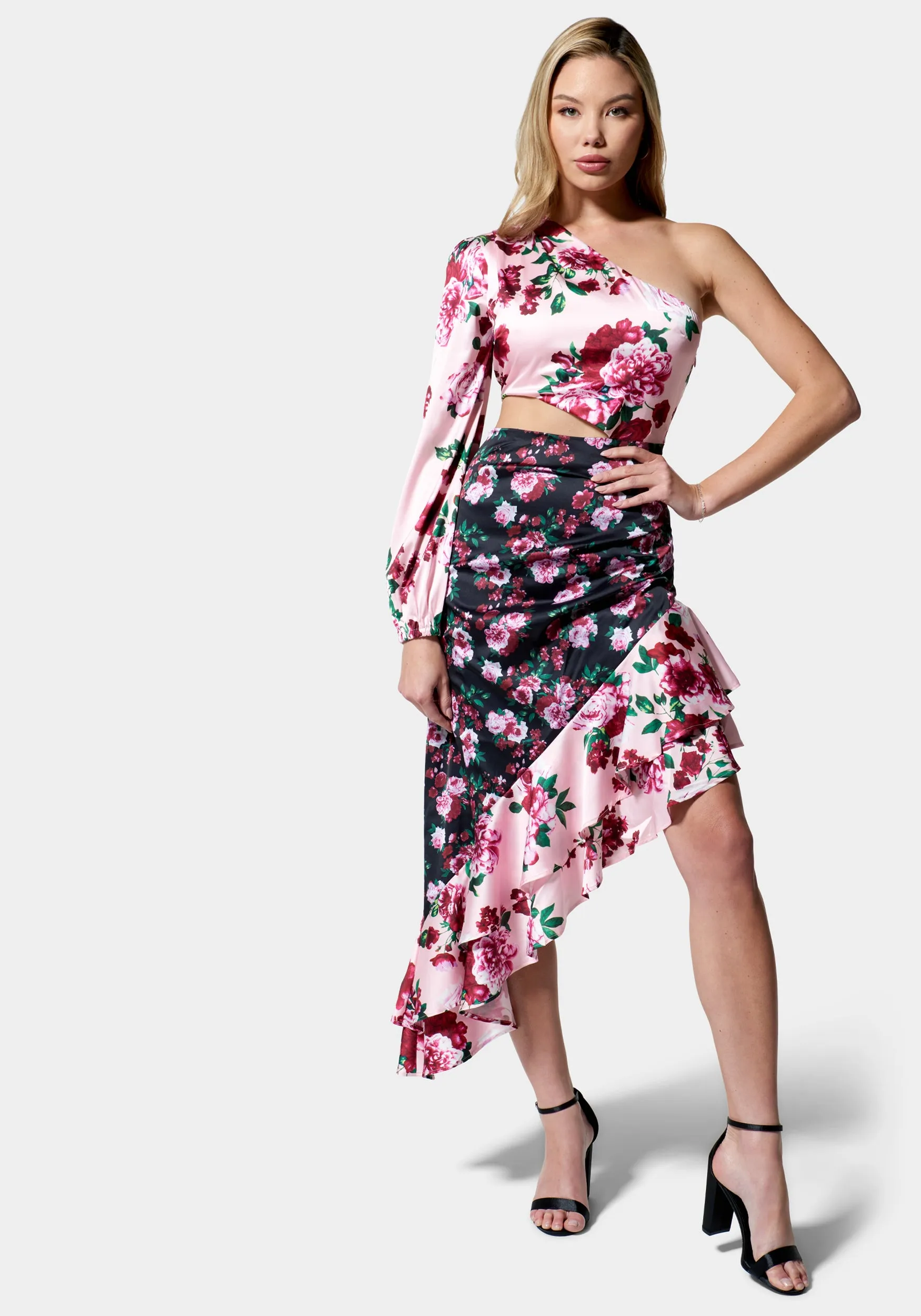 Printed One Shoulder Asymmetrical Ruffle Dress