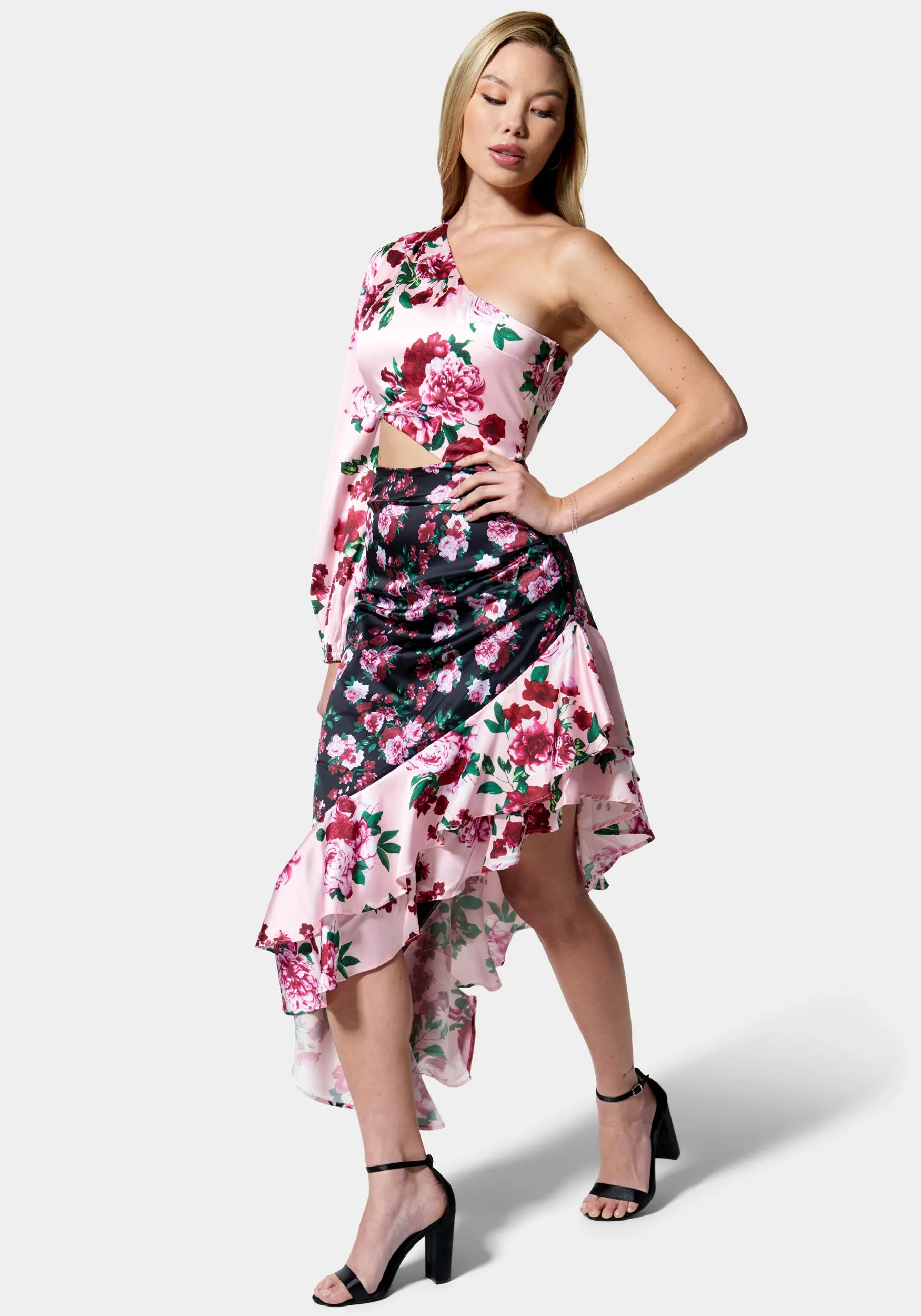 Printed One Shoulder Asymmetrical Ruffle Dress