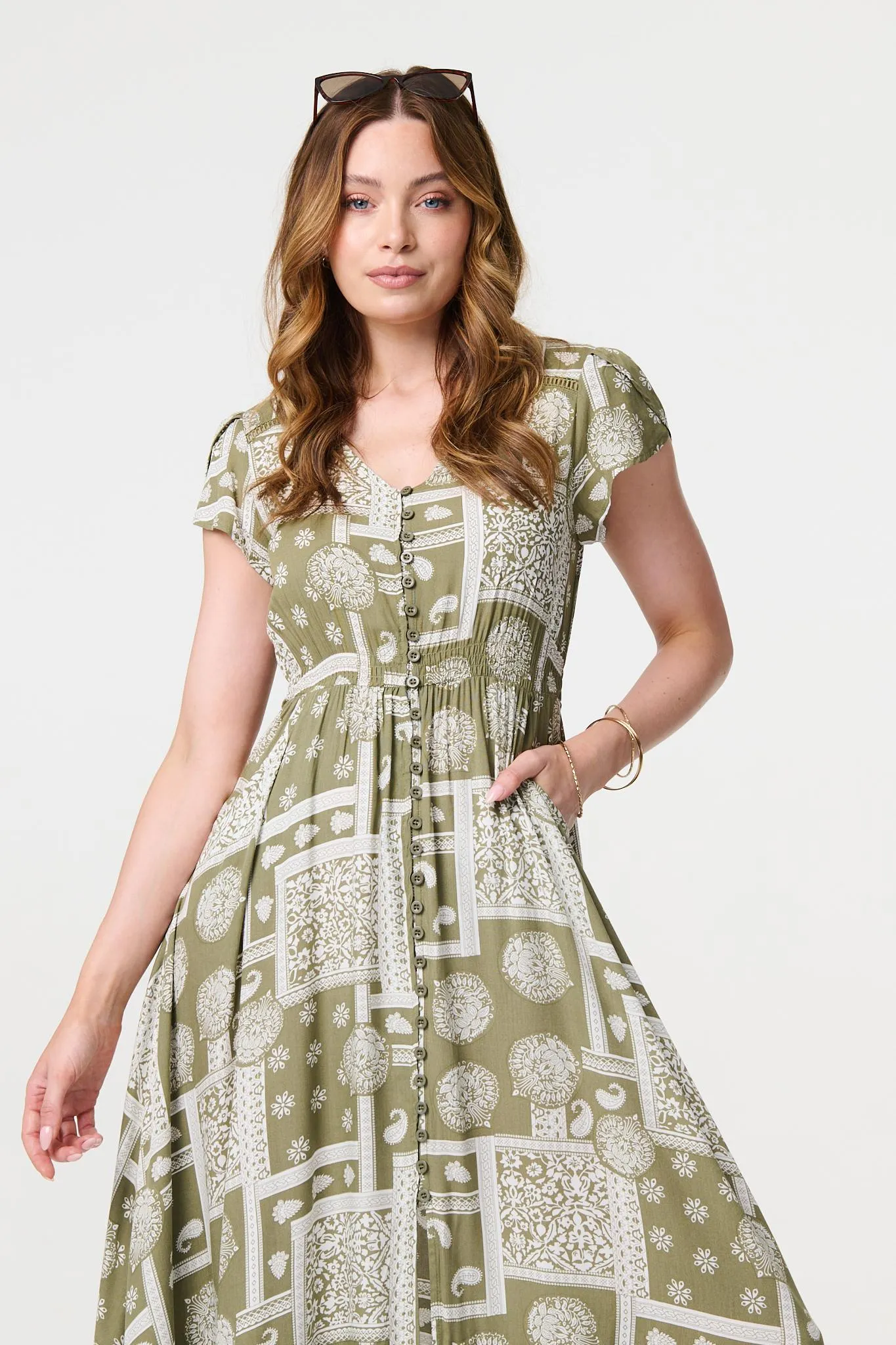 Printed V-Neck Cap Sleeve Maxi Dress