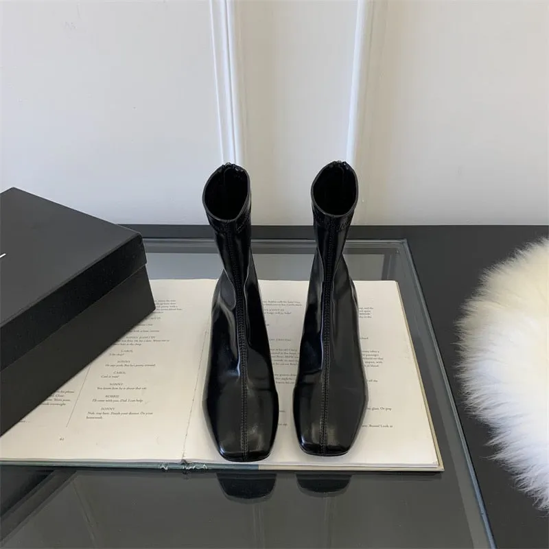 Purpdrank - Autumn Square Toe Women Ankle Boots Fashion Square Toe Thin High Heel Ladies Elegant Short Boots Chelsea Pumps Shoes