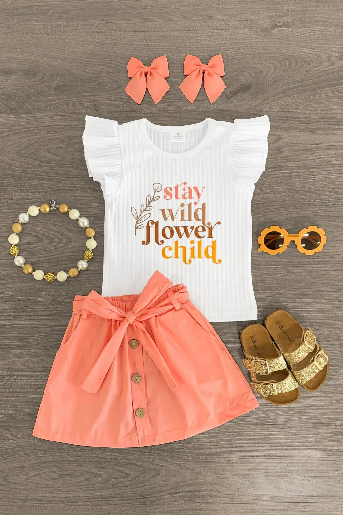 "Stay Wild Flower Child" White & Coral Skirt Set