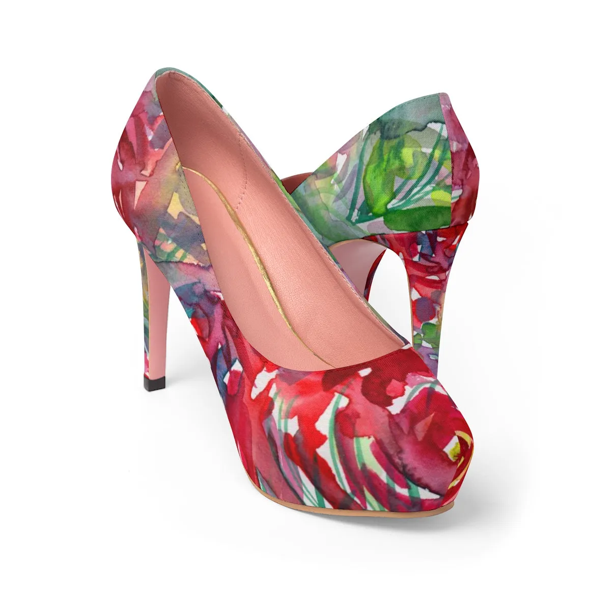 Red Rose Floral Print Designer Women's Platform Heels Stilettos Pumps (US Size: 5-11)