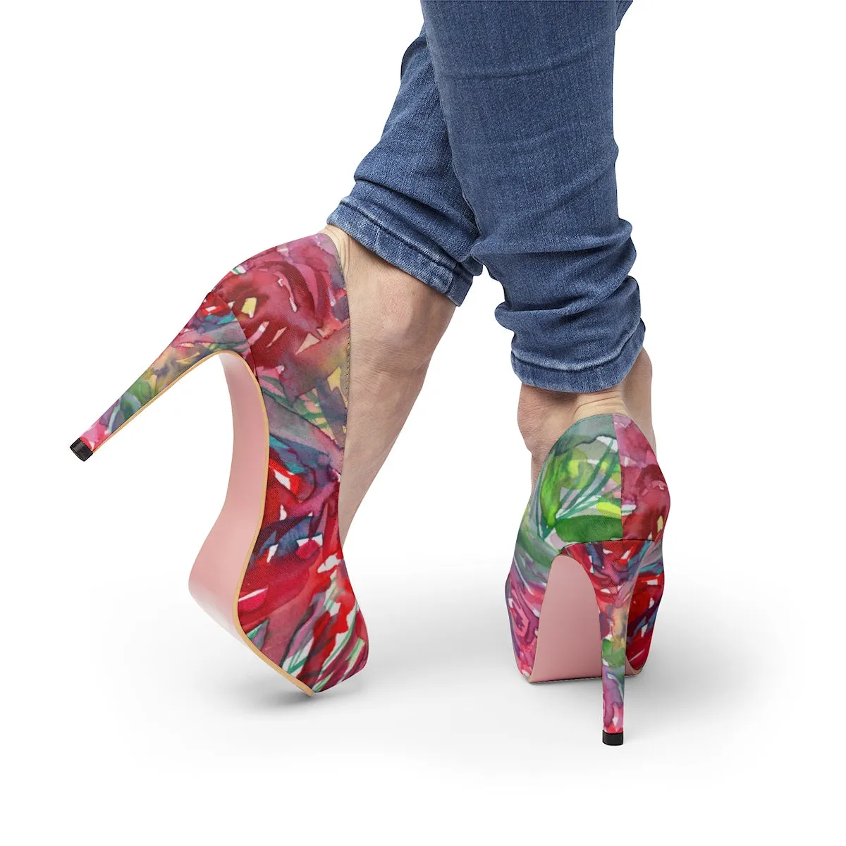 Red Rose Floral Print Designer Women's Platform Heels Stilettos Pumps (US Size: 5-11)