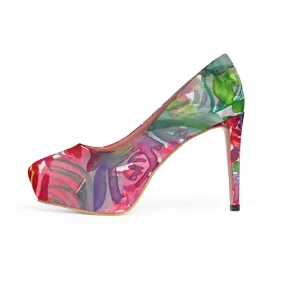 Red Rose Floral Print Designer Women's Platform Heels Stilettos Pumps (US Size: 5-11)