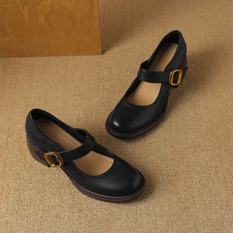 Retro Handmade Leather Mary Jane Pumps Womens Round Toe Buckle Sandals In Black/Brown