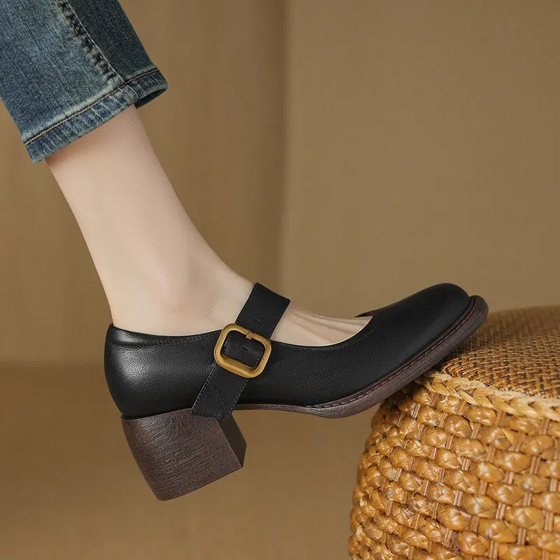 Retro Handmade Leather Mary Jane Pumps Womens Round Toe Buckle Sandals In Black/Brown