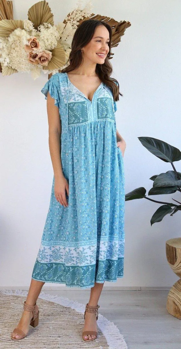 S0575A-129 Salty Bright Blue Floral Below the Knee Dress