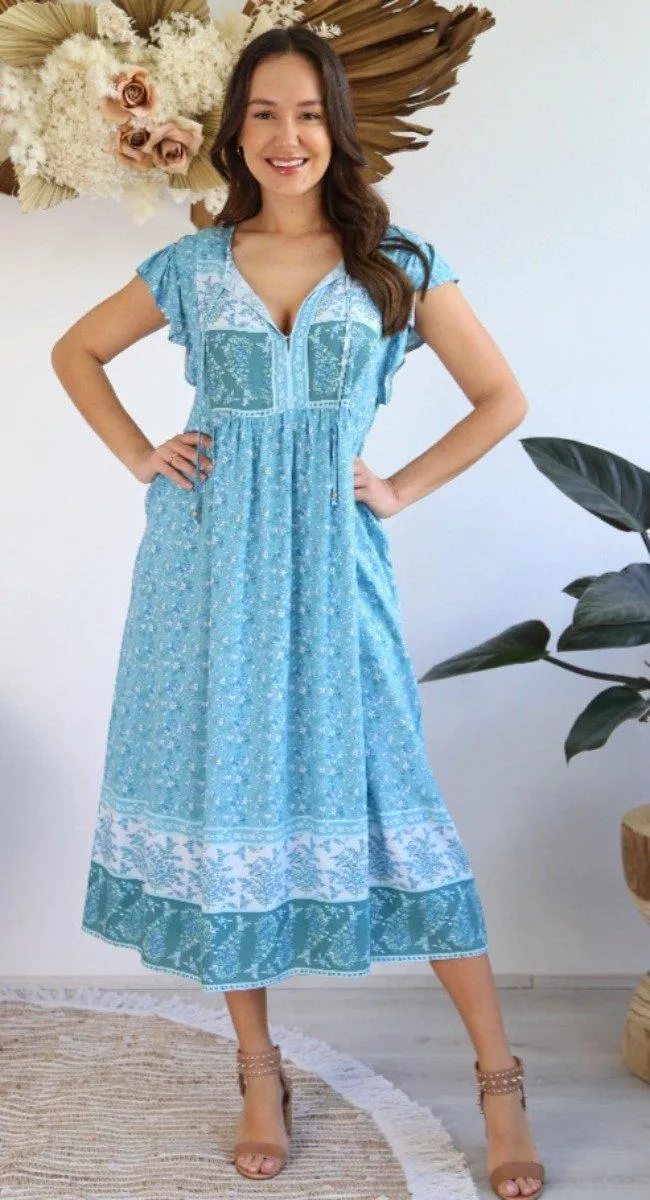 S0575A-129 Salty Bright Blue Floral Below the Knee Dress