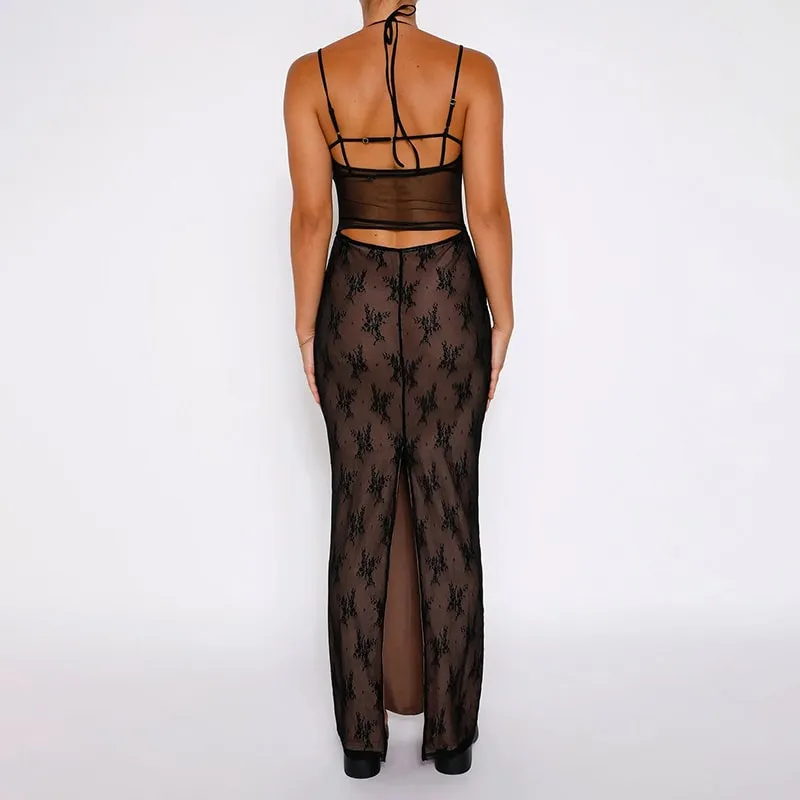 Sexy Halter Neck Transparent Lace Dress