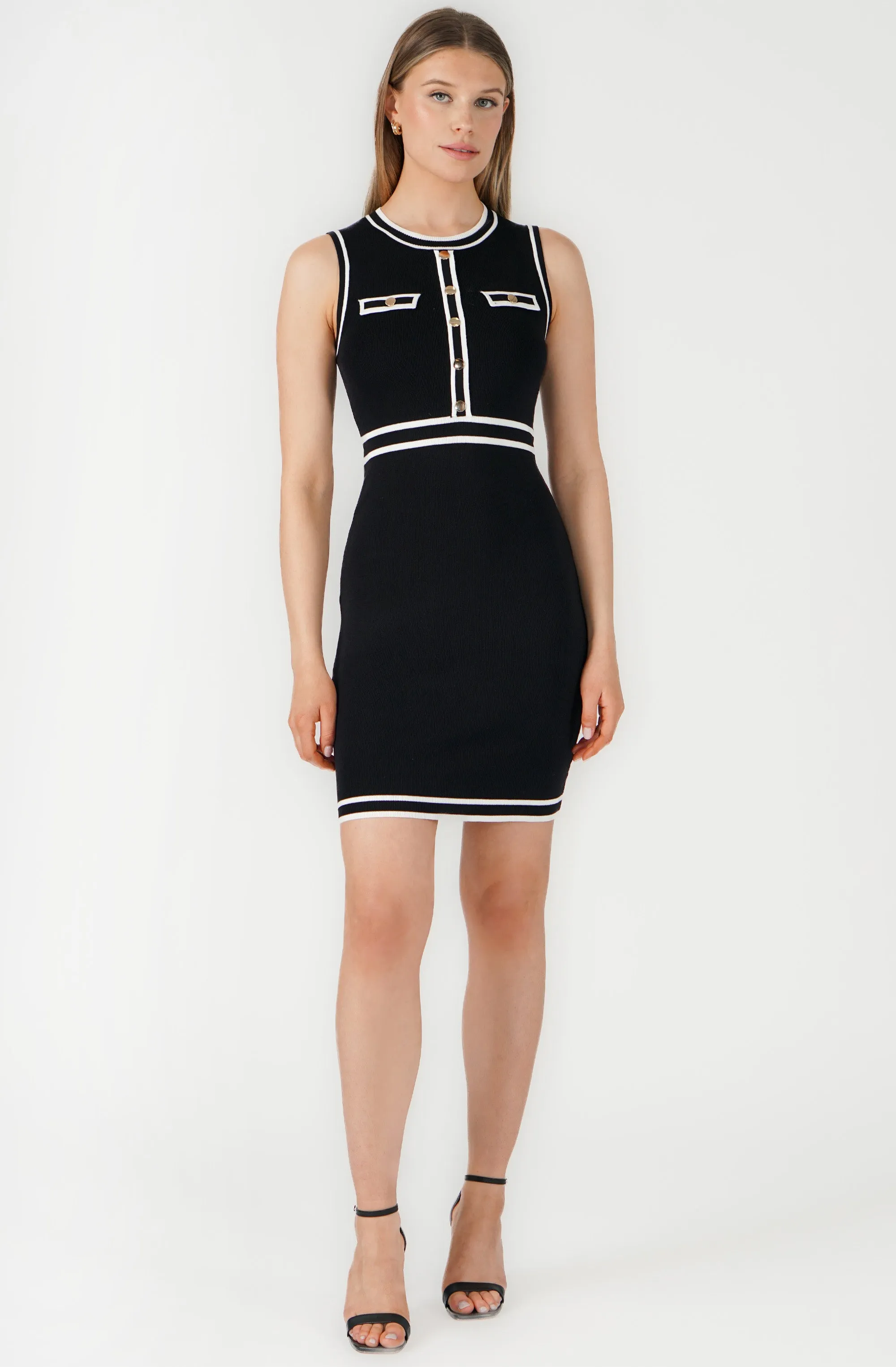 Sleeveless Fitted Knit Dress with Contrasting Trim