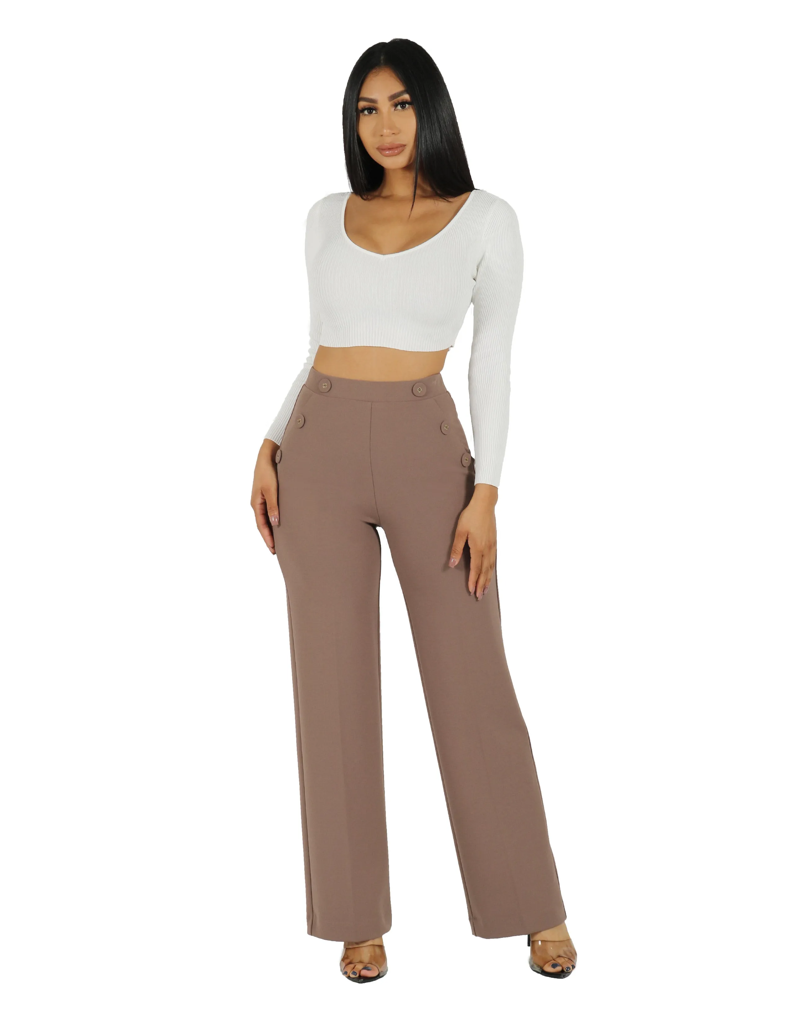 So Chic Knit Crepe 4 Hole Buttons High Rise Wide Leg Pant