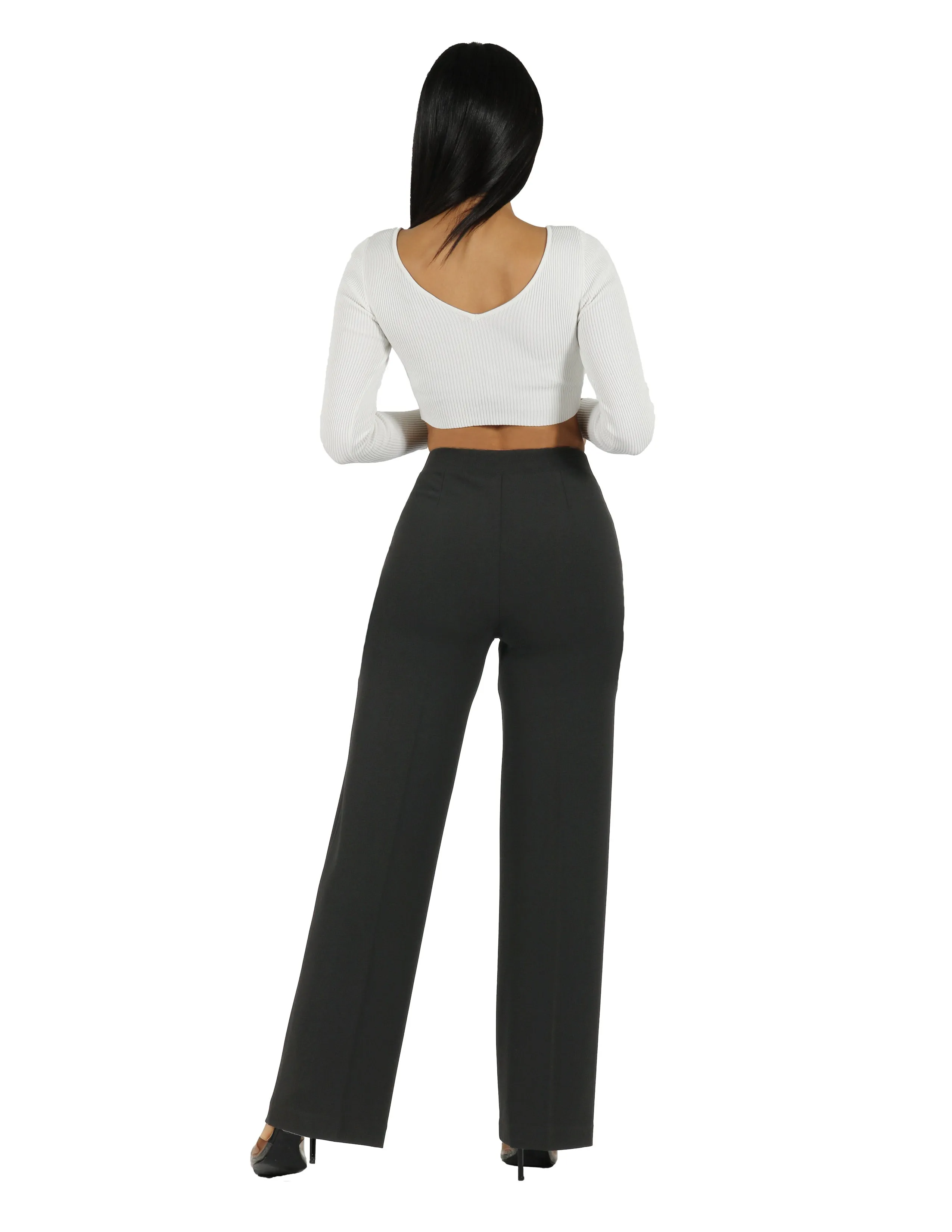 So Chic Knit Crepe 4 Hole Buttons High Rise Wide Leg Pant