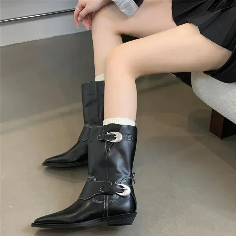 Sohiwoo Women Western Cowgirl Boots Fashion Slip On Belt Buckle Shoes Retro Style Autumn Winter Ladies Knight Mid Calf Booties