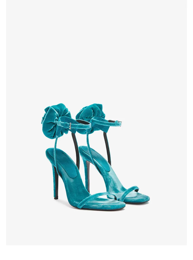 Spring and summer new lake blue suede flower stiletto high-heeled open-toed sandals- Chili