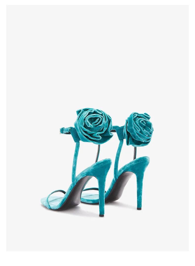 Spring and summer new lake blue suede flower stiletto high-heeled open-toed sandals- Chili