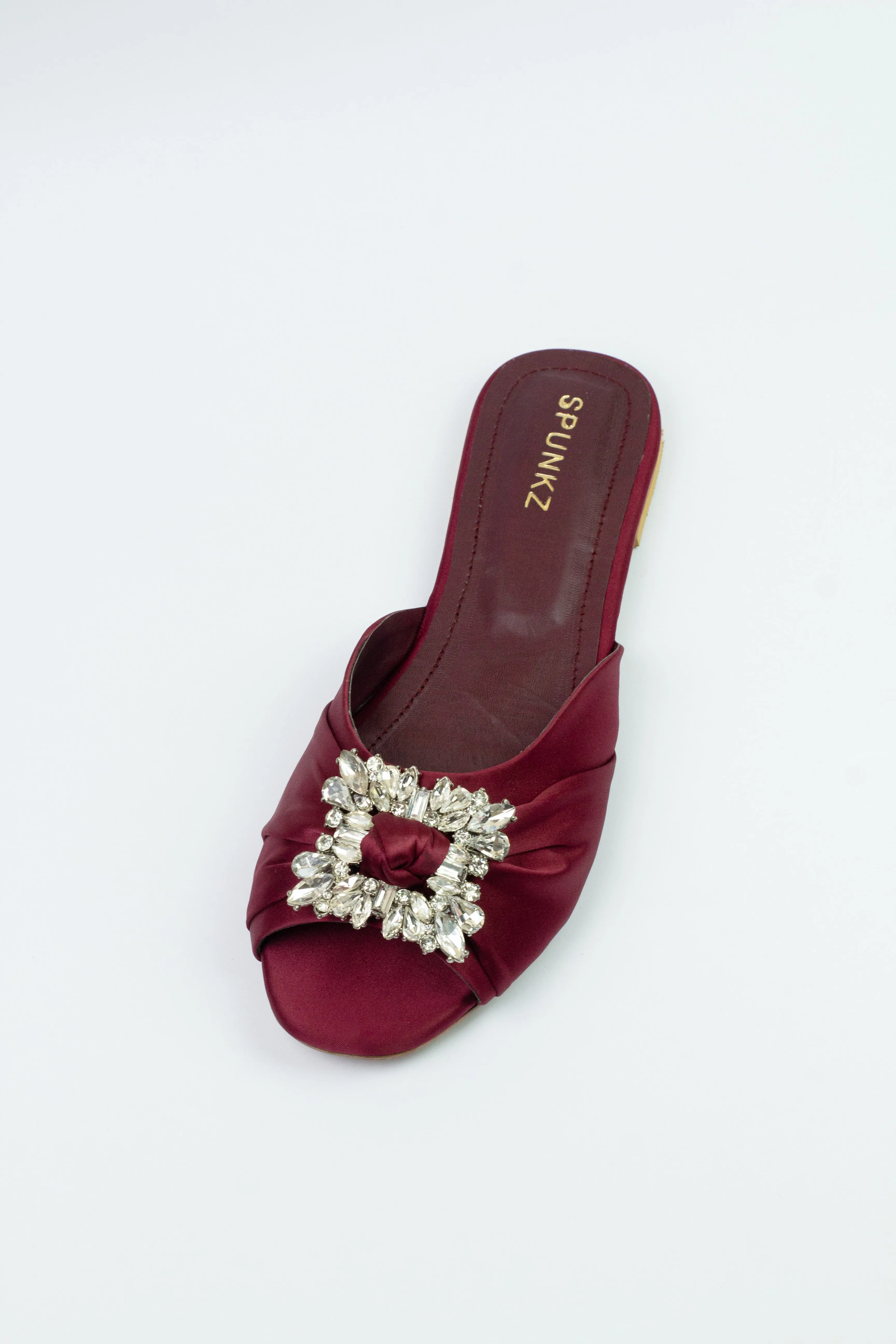 Spunkz Peep Toe Crystal Brooch Burgundy Flat Slippers