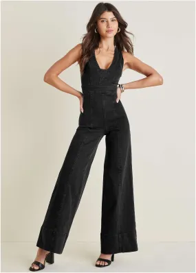 Stretch Denim Jumpsuit - Black Wash