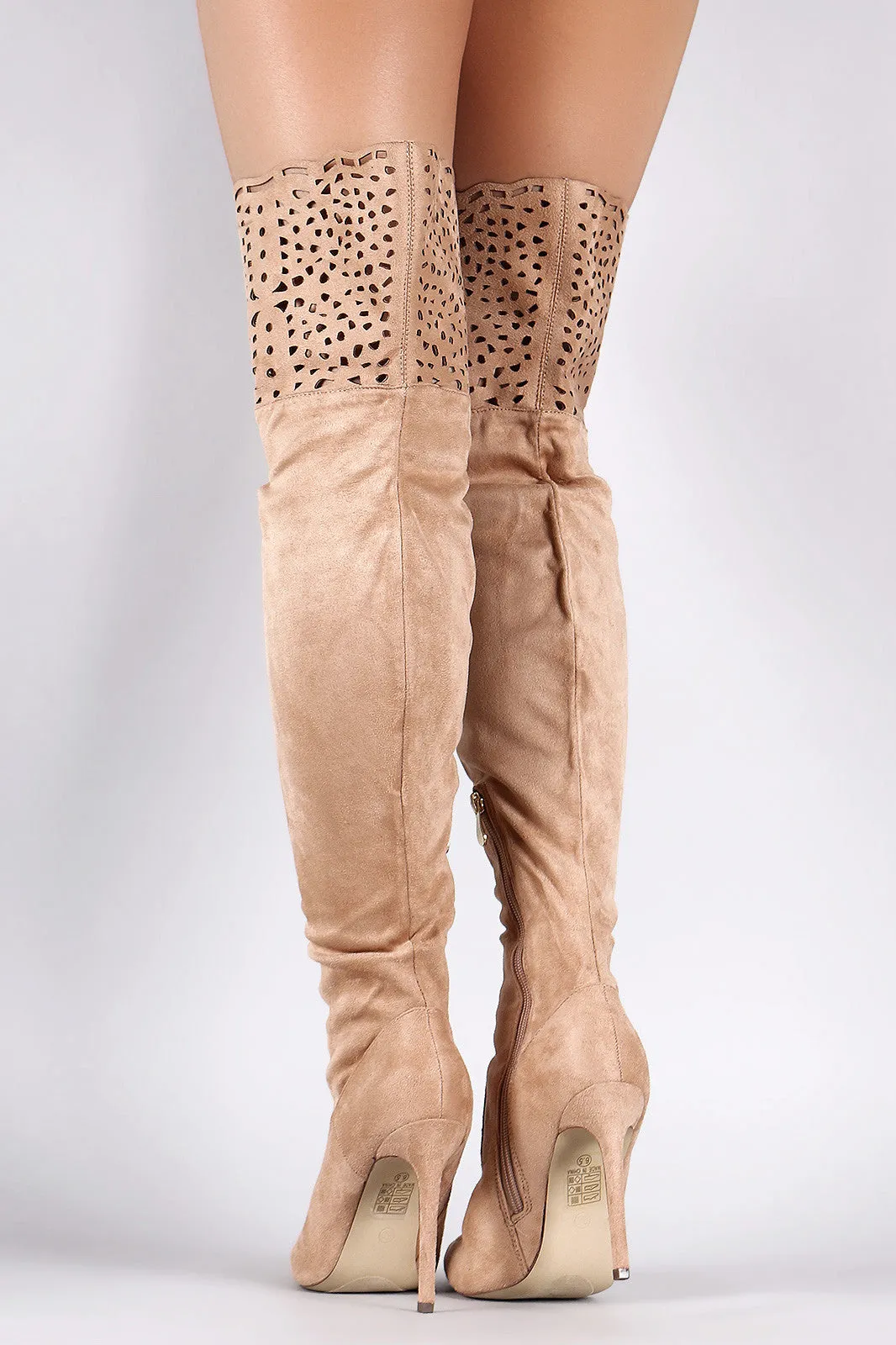 Suede Laser Cutout Over-The-Knee Stiletto Boots