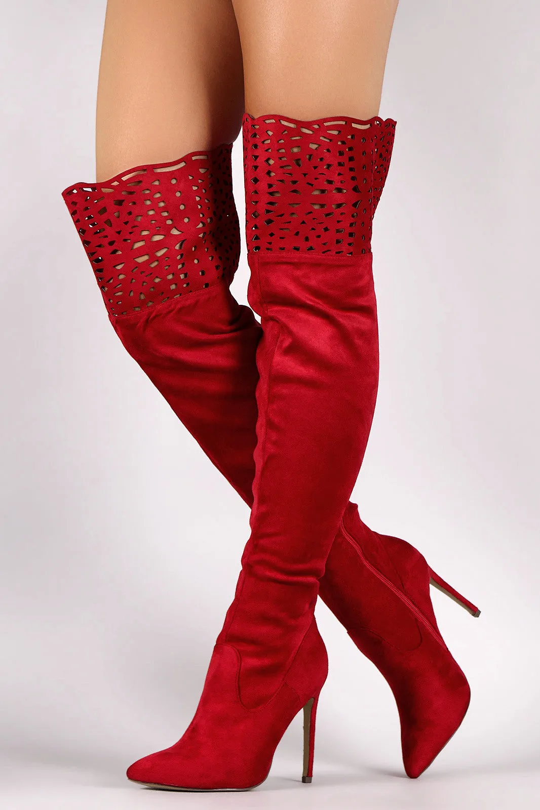 Suede Laser Cutout Over-The-Knee Stiletto Boots