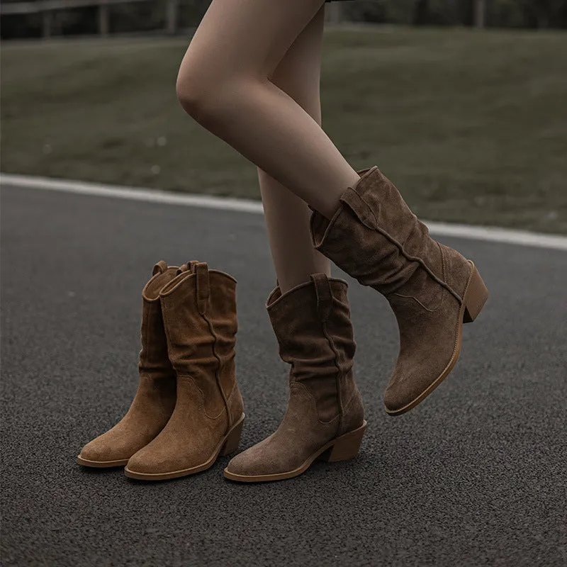 Suede Leather Mid Calf Boots Mid Heel Cowboy Boots Designer Retro Western Boots for Women