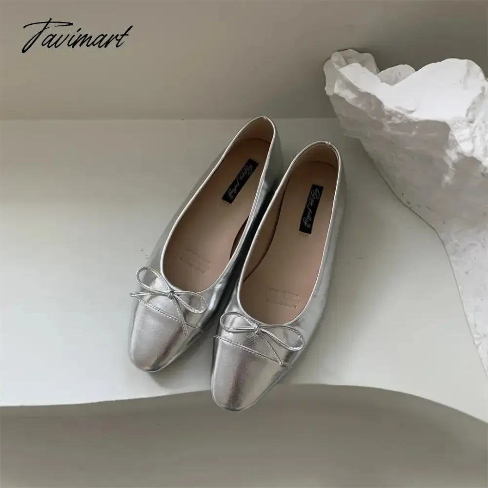 TAVIMART  -  Silver Flats Ballet Shoes for Women Mary Janes Casual Shallow Slip on Pumps Sequare Toe Elegant Woman Heeled Shoes Loafers