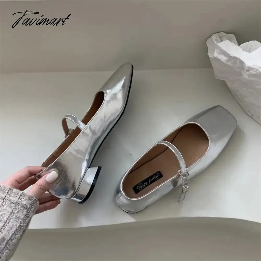 TAVIMART  -  Silver Flats Ballet Shoes for Women Mary Janes Casual Shallow Slip on Pumps Sequare Toe Elegant Woman Heeled Shoes Loafers